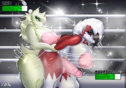 abs absurd_res anthro areola arm_pull big_breasts big_penis bodily_fluids breasts butt canid canine claws competition digital_media_(artwork) duo erection felid feline fighting_ring from_behind_position fur gameplay_mechanics generation_7_pokemon generation_9_pokemon genital_fluids genitals green_body green_fur gui gynomorph gynomorph/gynomorph hair health_bar hi_res huge_breasts huge_penis intersex intersex/intersex liko_(zora.fox) lycanroc mammal maskless_meowscarada meowscarada midnight_lycanroc motion_lines muscular muscular_anthro muscular_gynomorph muscular_intersex nintendo nipples nude penetration penis pokemon pokemon_(species) prison_guard_position red_body red_fur rouphtiff_(zora.fox) sex sexual_competition sexual_fight smile solo standing tail thick_thighs tongue vulva white_body white_fur zadrex