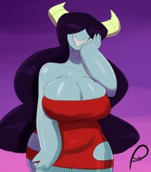 peculiart sue_(peculiart) big_breasts large_breasts huge_breasts hair_over_eyes long_hair demon demon_girl demon_horns devilchild smiling grinning red_dress alternate_version_available simple_background gradient_background artist_signature 2016