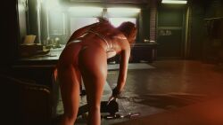 1girls 3d 3d_(artwork) 3dcg absurd_res absurd_resolution absurdres ass ass_cleavage ass_focus back_view back_view_female beautiful_woman bottomless bottomless_female bracelets brown-haired_female character_request cyberpunk_(series) cyberpunk_2077 edited_screencap female_only femsub filtered g.m.s. game_cg high_quality high_resolution highres leaning_forward long-haired_female male_pov mature_woman unbothered