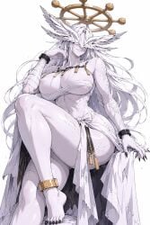 mahoraga_(jujutsu_kaisen) jujutsu_kaisen rule_63 genderswap solo 1female monster_girl monster pale_skin pale-skinned_female white_hair white_body white_skin muscular_female athletic_female toned_abs toned_female large_breasts large_ass ass thick_thighs thighs_bigger_than_head butt boobs breasts_bigger_than_head cleavage long_hair head_wings winged_humanoid black_claws black_nails halo chest_wraps cloth_wrapping loincloth tattered_clothing bangles black_wristband black_wristbands gold_anklet gold_jewelry sitting low_angle low_angle_view viewed_from_below smirk confident_smile looking_at_viewer white_background anime_style anime ai_generated