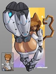 1girl :3 animal_ears artist_name ass breasts brown_hair cat_ears cat_girl cat_tail choker cleavage closed_eyes clothing dark-skinned_female dark_skin dress female full_body furry furry_female gameoverse grey_border hair_over_eyes heart_tail ishiexe joints kitty_milf large_breasts legs_together legs_up mechanical_arms medium_breasts multiple_views panties pantsu pantyshot pink_panties robot_joints short_hair sitting smile solo sparkle strapless_dress tail tina_(gameoverse) underwear whiskers white_dress zoom_layer