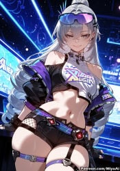 honkai:_star_rail honkai_(series) silver_wolf_(honkai:_star_rail) silver_wolf_(lv.999)_(honkai:_star_rail) miyuai ai_generated ai_assisted thick_thighs thick_ass thick thick_legs thick_hips thick_butt wide_hips wide_thighs voluptuous voluptuous_female curvy curvy_figure curvaceous curvy_female female breasts rating:safe 1girl long_hair eyewear_on_head midriff very_long_hair looking_at_viewer smile navel bare_shoulders thigh_strap jacket mole shorts silver_hair belt solo gloves off_shoulder black_gloves goggles_on_head grey_eyes cowboy_shot bangs goggles night sunglasses thighs crop_top stomach eyebrows_visible_through_hair