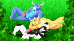 abs anthro biceps big_muscles black_body black_fur blue_body blue_fur bodily_fluids bovid bovine cattle cum cum_on_chest dairy_cattle erection fabfelipe field fur genital_fluids genitals grass group group_sex hair holstein_friesian_cattle hooves horn inviting looking_at_viewer lying male mammal marshal_moo_montana muscular muscular_anthro muscular_male nipples nude on_back penis plant sex the_cowlorado_kid the_dakota_dude threesome trio wild_west_c.o.w.-boys_of_moo_mesa