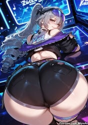honkai:_star_rail honkai_(series) silver_wolf_(honkai:_star_rail) silver_wolf_(lv.999)_(honkai:_star_rail) miyuai ai_generated ai_assisted thick_thighs thick_ass thick thick_legs thick_hips thick_butt wide_hips wide_thighs voluptuous voluptuous_female curvy curvy_figure curvaceous curvy_female female breasts ass 1girl jacket looking_back from_behind looking_at_viewer smile long_hair rating:safe bare_shoulders multicolored_hair streaked_hair solo thighs blush ass_focus large_breasts silver_hair character_name mask clothes_writing animal_ears thighhighs bangs grey_hair off_shoulder