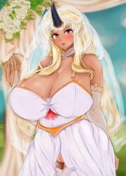 absurd_res big_breasts blonde_hair bo4a breasts colored_nails dark_body dark_skin female hair hi_res horn huge_breasts long_hair looking_at_viewer monster_girl_(genre) monster_musume_no_iru_nichijou nails nude ogre red_eyes solo tionishia wedding_veil