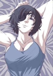 himeno_(chainsaw_man) chainsaw_man shounen_jump female female_only female_focus solo solo_focus solo_female breasts tank_top black_hair short_hair eyepatch armpits arms_behind_head tagme black_eyes smile smiling cleavage big_breasts laying_down laying_on_bed bed bed_sheet