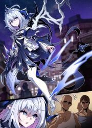 1girl armor bald_male blue_energy blue_eyes blush bottom_panel cityscape cleavage close_up closeup comic crown dark_blue_dress dark_skin_male demon_girl detailed_background diabla_(elsword) dress dynamic_pose embarrassed energy face floating floating_weapon frills full_body full_color glowing_weapon hair_ornament high_heels highres horns leg_lift lestart_(artist) long_hair looking_at_girl looking_at_viewer luciela_r._sourcream luciela_r_sourcream magic multiple_boys muscular_male night pale_skin panel pointed_ears portrait purple_sky restart sky small_boobs small_breasts small_waist smaller_female smile solo spiked_armor tank_top thighhighs tiny_breasts tiny_female tiny_waist two_boys view white_dress white_hair