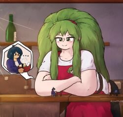 michaelmac6072_(artist) big_beautiful_women:_giantess_dating_action big_butt extreme_size_difference giant_female giantess yuyu_(big_beautiful_women) long_hair long_hair_female macro macro_female green_hair green_eyes apron plump naoya_(big_beautiful_women) ramen smug_face smug_female alcohol indoors extremely_long_hair red_apron ponytail hair_ponytail