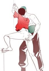 one_piece ass butt male_ass male_butt ass_focus anal_penetration finger_in_ass anal_masturbation masturbating_other half-dressed holding_hands hand_on_ass kiss kissing male_kissing_male barefoot male_feet ass_juice size_difference roronoa_zoro monkey_d._luffy bara barazoku 2boys male/male male male_only male_focus manly masculine_male gay yaoi muscular muscular_male muscles defined_muscles hunk beefy bigger_male larger_male tall_male taller_male big_dom_small_sub big_top_small_bottom broad_shoulders green_hair earrings japanese_male pirate brazilian_male friends_with_benefits interracial artist_request haramaki anal