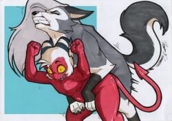 anal anal_penetration anthro butt canid canid_demon canine demon duo feral feral_loona_(helluva_boss) gynomorph hair hellaverse hellhound helluva_boss hi_res imp intersex intersex/male loona_(helluva_boss) male mammal moxxie_(helluva_boss) mythological_canine mythological_creature mythology nipples nude penetration rotten_owl simple_background tail traditional_media_(artwork)