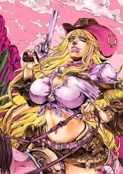 artist_name blonde_hair breasts button_down_shirt cleavage cowboy_hat green_eyes holding holding_object jacket jacket_open large_breasts lulu_lasso navel navel_piercing shorts slim_waist smile tagme tagme_(artist) tight_clothing vtuber wide_hips