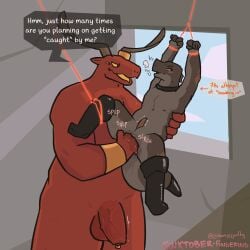 3_toes armor arms_tied black_body bound bracers choker clothing demon duo feet fingering genital_piercing genitals gloves hand_on_back handwear hi_res holding_body horn horn_jewelry jewelry karsiv_(luvamisguilty) kobold luvamisguilty multi_eye multicolored_body necklace nipple_piercing nipples penis penis_piercing piercing red_body scalie sky surnym_(luvamisguilty) suspended_by_magic toes tongue two_tone_body window yellow_sclera yellow_tongue
