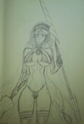 zenobia_(fate) black_bikini bikini white_hair blue_eyes spear skinned_female original_artwork original_art angry_face angry_expression
