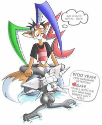 anthro breasts canine couple female fox fur furry grey hat male orange pants red_eyes robot san_(san_renard) san_renard sex shirt straight