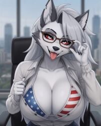 1girls ai_generated american_flag_bikini american_flag_bikini_top anthro beautiful big_breasts bikini bikini_top breasts busty canid canine canis city city_background cityscape clothed clothing computer demon demon_girl desk ear_piercing ears female furry glasses grey_body grey_fur grey_hair hellhound helluva_boss hi_res high_resolution hires huge_breasts indoors inside long_hair looking_at_viewer loona_(helluva_boss) mildlyflirty mythological_canine mythological_creature mythology notched_ear office office_chair office_clothing office_desk office_lady open_mouth open_smile red_sclera sexy silver_eyes sitting sitting_on_chair skirt smile smiling smiling_at_viewer tagme tongue tongue_out two-tone_body two-tone_fur vivienne_medrano vivziepop white_body white_eyes white_fur window wolf wolf_ears wolf_girl