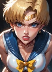 ai_generated athletic_female bishoujo_senshi_sailor_moon blonde_female cleavage clenched_teeth close-up close_up_view dark_background dark_blue_eyes disgusted_expression dyke female female_only haruka_tenou high_quality lesbian looking_at_viewer moonchild41 plump_lips pov sailor_moon sailor_uranus short_hair small_breasts tall_female thighs toei_animation yellow_bow