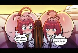 100_kanojo kimi_no_koto_ga_dai_dai_dai_dai_daisuki_na_100-nin_no_kanojo yakuzen_kusuri yakuzen_yaku 2girls 1boy light-skinned_female dark-skinned_male interracial red_hair shortstack grandmother_and_granddaughter blush imminent_oral big_ass sweaty female male on_knees on_bed large_penis ai_generated novelai analover21 english_text text_bubble