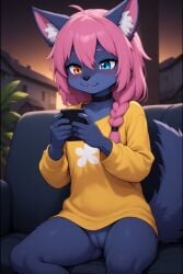 ai_generated anthro female furry canine wolf young bottomless_female shirt sitting pussy blue_body pink_hair heterochromia braided_hair phone sunset on_sofa flat_chest