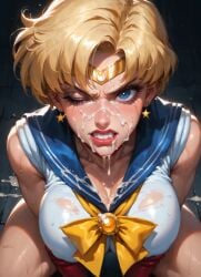 ai_generated athletic_female bishoujo_senshi_sailor_moon blonde_female breasts cleavage clenched_teeth close-up close_up_view cum_on_breasts cum_on_face dark_blue_eyes disgusted_expression dripping_cum dyke female female_only haruka_tenou high_quality lesbian looking_at_viewer moonchild41 one_eye_closed pov sailor_moon sailor_uranus short_hair tall_female thighs toei_animation yellow_bow
