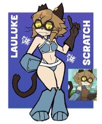 1girls anthro artist_name belly_button bikini bikini_bottom bikini_top bob_cut breasts brown_hair cat_ears cat_tail catgirl cyborg female female_focus female_only fur gameoverse glitch_productions glove goggles lauluke navel nervous nervous_expression nervous_face nervous_female robotic_arm scratch_(gameoverse) swimsuit thighs tummy two-piece_swimsuit