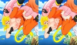 super_saiyan flying flying_sex above_clouds sky torn_clothes green_eyes golden_hair saiyan saiyan_female saiyan_tail grabbing grabbing_legs majin majin_buu super_buu earring potara_earrings potara veiny_penis veins muscular muscular_female cum cum_in_pussy cum_inside dragon_ball dragon_ball_z dragon_ball_oc son_gochi_(ceofrieza) tallfreezie r0nica_playss
