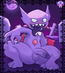 1boy arched_back asshole_peek balls ballsack belly_button blue_eyes blush blush_lines blushing bowtie cape clawed_feet clawed_fingers crouching extended_arm fe7r8iode gem_eyes goblin goblin_male grass graveyard highlights_(coloring) lace male male_only moon moonlight night_sky penis pokemon pokemon_(species) purple_body purple_penis purple_skin sableye sharp_teeth slightly_chubby tongue_out vampire_costume video_game_character