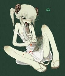 bestiality breasts dress egg_laying elf french_kiss highres interspecies kasophism kiss long_pointy_ears original pointy_ears salmon sandals small_breasts sundress tail twintails zoophilia
