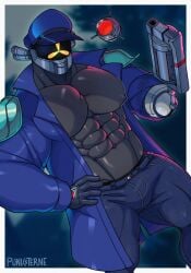 1boy 2024 abs alternate_version_at_source ambiguous_species bara black_body black_skin blue_clothing blue_jacket bulge captain_(risk_of_rain) captain_hat chest clothed clothing coat dark_skin exposed_torso feet_out_of_frame fully_clothed gay gloves glowing glowing_eyes gun hand_on_hip hat helmet highlights jacket jeans looking_at_viewer male male_nipples male_only masked masked_male metallic_body muscles muscular muscular_male nipples pants pauldrons pecs prosthetic prosthetic_arm punksterne risk_of_rain risk_of_rain_2 robot robot_boy robot_humanoid shiny_skin shirtless shirtless_male signature simple_background six_pack solo solo_male standing unseen_male_face vier_punksterne visor visor_helmet yaoi
