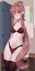 1girls areolae black_legwear black_thighhighs blush blush_lines bra breasts brown_hair classroom clothing doki_doki_literature_club female female_only indoors legs_together long_hair matching_underwear monika_(doki_doki_literature_club) panties red_bra red_panties solo solo_female thighhighs underwear underwear_only white_bow xnovartx