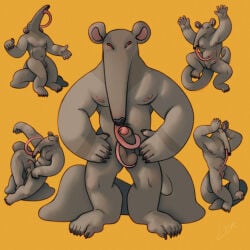 anteater anthro autofellatio black_nose caricature claws dancing erection flaccid foreskin genitals glans group half-erect hi_res long_tail long_tongue male mammal masturbation musclegut muscular muscular_male nipples oral oral_masturbation pecs penile penile_masturbation penis pilosan pink_glans pink_nipples ravuer silly_face simple_background tail taupe_body taupe_fur tongue tongue_out xenarthran