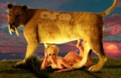 3d after_sex afternoon animal blonde_hair chi_chi_(artist) cum cum_string dripping feline female feral from_behind grass hair hindpaw human interspecies looking_at_viewer male penis poser_porn raised_tail saberteeth straight sunset tail tiger zoophilia