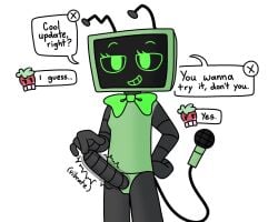 anthro berryvision blushcrunch_studio dandy's_world dialogue duo duo_focus duo_in_panel elemental_creature flora_fauna food food_creature fruit futanari group hi_res just_squidding living_fruit machine male plant roblox robot speech_bubble sprout_(dandy's_world) talking_to_viewer text vee_(dandy's_world)