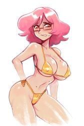 brellom brellom_(character) brellomascot brells artist_self-insert glasses big_breasts light-skinned_female female pink_hair digital_drawing_(artwork) original_character original beauty_mark beauty_mark_on_breasts brown_eyes nervous gold_bikini micro_bikini posing blushing