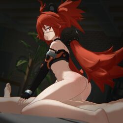 3d ass breasts choker cowgirl_position eyepatch female female_focus freckles freckles_on_body freckles_on_face freckles_on_shoulders girl_on_top hi_res hoyoverse koleda_belobog light-skinned_female light_skin red_eyes red_hair sex small_breasts tube_top tubetop vaginal vaginal_fluids vaginal_penetration vaginal_sex zenless_zone_zero zzztimelyangels