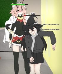 1boy 1girls 3d_background 4_arms astolfo astolfo_(fate) cat_ears dialogue english_text femboy game gameplay_mechanics glasses gloves health_bar jujutsu_shenanigans original_character pink_hair roblox roblox_avatar roblox_background roblox_game robloxian screencap_background self_upload skirt socks text thighs witch_hat zen3