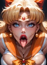 ai_generated big_breasts big_lips bishoujo_senshi_sailor_moon blonde_hair blue_eyes cleavage close-up close_up_view curvy_female dripping_saliva drooling high_quality long_hair looking_at_viewer minako_aino moonchild41 open_mouth orange_bow orange_sailor_collar pov red_bow sailor_moon sailor_venus sweat toei_animation tongue_out