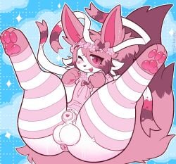 animal_genitalia anthro anus balls blush bodily_fluids bottomless butt canid canine chastity_cage chastity_device clothed clothing digital_media_(artwork) eeveelution fan_character feet femboy fur generation_6_pokemon genitals hi_res hoodie humanoid legwear looking_at_viewer male mammal nintendo one_eye_closed open_mouth pawpads paws penis pokemon pokemon_(species) presenting presenting_anus presenting_balls presenting_hindquarters presenting_penis sheath simple_background smile solo sunspikevee sweat sylveon tail thigh_highs topwear white_body wink