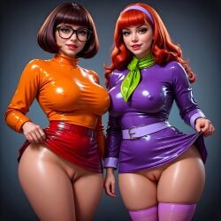 scooby-doo daphne_blake velma_dinkley ai_generated latex_clothing no_bra erect_nipples_under_clothes no_panties pussy thighs latex_stockings ready_for_sex looking_at_viewer