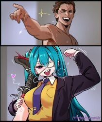 snegovski kasane_teto hatsune_miku blue_hair blue_eyes eye_patch smile open_mouth patrick_bateman wink winking half_naked sweatdrop sweating sweat sweaty_body armpits teeth closed_eyes dot_nose nose big_breasts grabbing_leg leg_grab foot_focus shoes pointing yellow_shirt blue_tie long_hair leg_raised steam steamy_breath steamy 2d 2d_(artwork) 1boy 2girls vocaloid utau