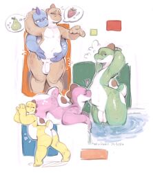 absurd_res balls belly belly_grab belly_overhang belly_squeeze belly_squish big_butt blue_yoshi butt casual_nudity chubby_cheeks flaccid food fruit genitals green_yoshi halo-pano hi_res kiss_on_belly kissing male male/male mario_bros navel nintendo orange_yoshi pear penis pink_yoshi plant simple_background slightly_chubby slightly_chubby_male squish strawberry thick_thighs water wide_hips yellow_yoshi yoshi