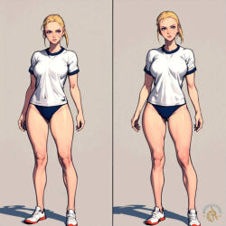 1girl sneakers shoes blonde_hair gym_uniform buruma breasts shirt full_body standing socks multiple_views looking_at_viewer large_breasts short_hair white_legwear white_footwear simple_background grey_background white_shirt forehead blue_eyes variations leotard parted_lips