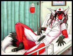 anthro balls canine color crossdressing cute dreadlocks foreskin fox fur furry girly heterochromia hospital looking_at_viewer lying male male_only nurse on_back penis presenting rape_face solo squeedgemonster tail tongue uncircumcised uncircumcised_penis