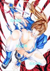 1girls big_breasts breasts breasts_out brown_eyes brown_hair dead_or_alive exposed_breasts female female_only kasumi_(doa) large_breasts long_hair maruto_(marutohonpo) panties pantyshot pantyshot_(squatting) ponytail sideboob thighhighs torn_clothes torn_thighhighs underwear white_panties white_thighhighs white_underwear yqgkg