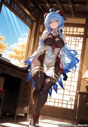 1girl ahoge ai_assisted ai_generated bangs bare_shoulders black_gloves black_legwear blue_hair blush breasts china_dress chinese_clothes closed_mouth covered_navel curvaceous curvy curvy_female curvy_figure day desk detached_sleeves dress eyebrows_visible_through_hair female full_body ganyu_(genshin_impact) genshin_impact gloves hair_between_eyes hair_ornament indoors jewelry large_breasts long_hair looking_at_viewer miyuai one_eye_closed smile solo standing thick thick_ass thick_butt thick_hips thick_legs thick_thighs voluptuous voluptuous_female white_footwear wide_hips wide_thighs window