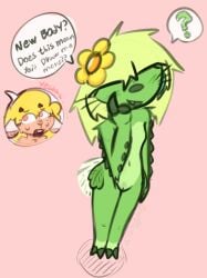 absurd_res anthro bean0tastic beanie_(bean0tastic) blush bodily_fluids bovid cactus caprine claws dialogue duo echino_(bean0tastic) elemental_creature elemental_humanoid eyelashes eyes_closed female flora_fauna flower genitals green_body hi_res humanoid male mammal plant plant_humanoid pubes round_nose sheep smile standing sweat tagme vulva