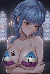 animal_print big_breasts bikini blue_hair braid brown_hair fire_emblem fire_emblem:_three_houses horseshoe horseshoe_tattoo implied_zoophilia marianne_von_edmund shy smile solo tattoo zoophile_pride_colors