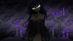 bath_robe candles collar dark_hair_female darkness detailed_background eyes_glowing glaring glaring_at_viewer la-artist322_(artist) long_hair looking_at_viewer looking_pleasured lustful_expression lustful_eyes maxine_(la-artist322) narrowed_eyes passionate persona posing posing_for_the_viewer purple_fire revealing_breasts revealing_outfit robe seductive self_insert self_upload shaded_background sitting_on_table small_smile viscourtess