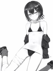 bandages black_and_white first_porn_of_character hands_behind_back looking_at_viewer mekpark nanashi_(nlo) nlo74593630 open_jacket reimei_mira simple_background sitting sitting_on_floor small_bikini small_breasts unit_b virtual_youtuber