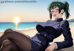 1girl ai_generated artmochiia beach black_pantyhose blue_jacket blue_skirt blush breasts crossed_legs glasses green_hair horizon jacket jujutsu_kaisen jujutsu_tech_uniform large_breasts leaning_back long_sleeves looking_at_viewer maki_zenin ocean open_mouth orange_sky outdoors pantyhose ponytail purple-framed_eyewear saliva sand school_uniform semi-rimless_eyewear shore side_slit sitting skirt sky smile solo sun sunset thighs tongue tongue_out water yellow_eyes zenin_maki