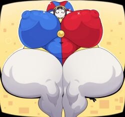1girls big_breasts breasts calves colonbey glitch_productions huge_breasts large_breasts nipple_bulge nipples pomni_(the_amazing_digital_circus) solo the_amazing_digital_circus thick_thighs thighs tight_clothes tight_clothing tight_fit wide_hips yellow_background